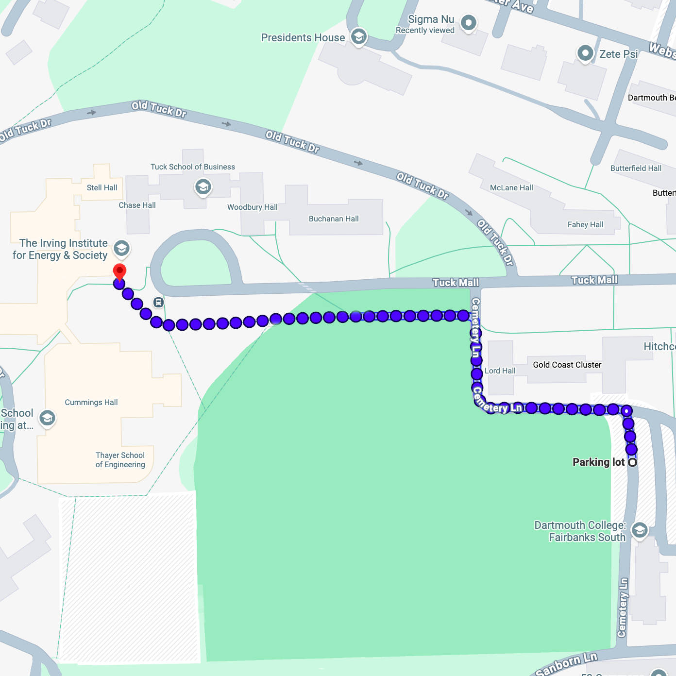 Walking directions from Mass Lot to the Irving Institute